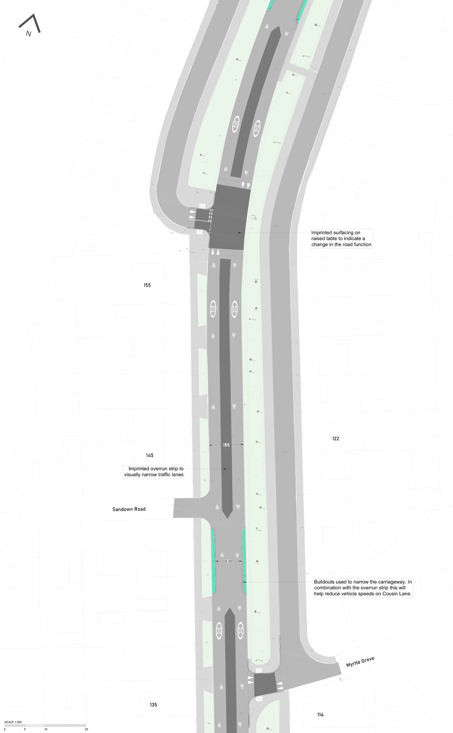 Plan includes junctions with Sandown Road and Myrtle Grove. Features like imprinted surfaces down the centre of the road make the carriageway visibly narrower to reduce vehicle speeds.
